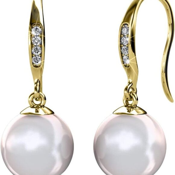 Betty 18K White Gold Plated Freshwater Pearl Earrings with Crystals, Beautiful C - Picture 1 of 9